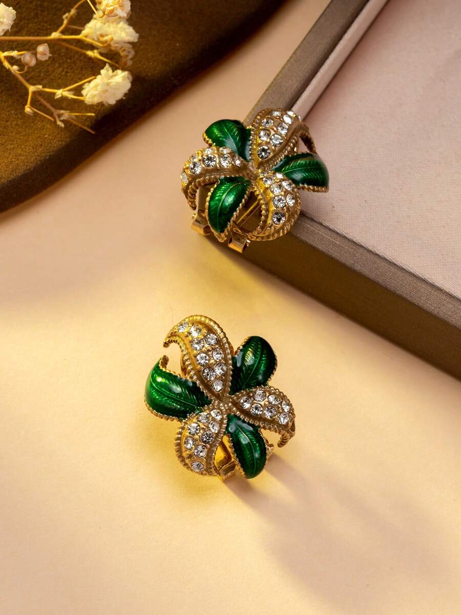 1对复古奢华全镶钻花卉设计耳环，小众优雅耳环 - 彩色 - 查看 1