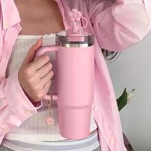6 Pcs Set Compatible With Stanley Cup Accessories, 4 Black Flower Straw Toppers Compatible With Stanley Straw Cover 9-10 Mm, 2 Cute Flower Charms For Tumbler With Handle - 粉色 - 查看 7
