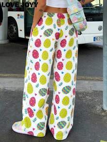Pantalones de pierna ancha con estampado de huevo LOVE JOYY para mujer, pantalones casuales sueltos, adecuados para el uso diario de primavera y fiestas de Pascua - Multicolor - Ver 2