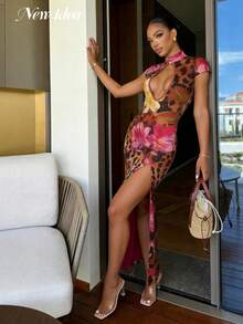 Rochie maxi pentru femei, cu imprimeu floral tropical și leopard, inspirată de Cheongsam, cu crăpături la gaură de cheie, rochie elegantă, sexy și chic, cu imprimeu pentru petreceri, rochie de petrecere pentru femei, rochii elegante de petrecere, rochie maxi mulată - Multicolor - Vizualizare 3