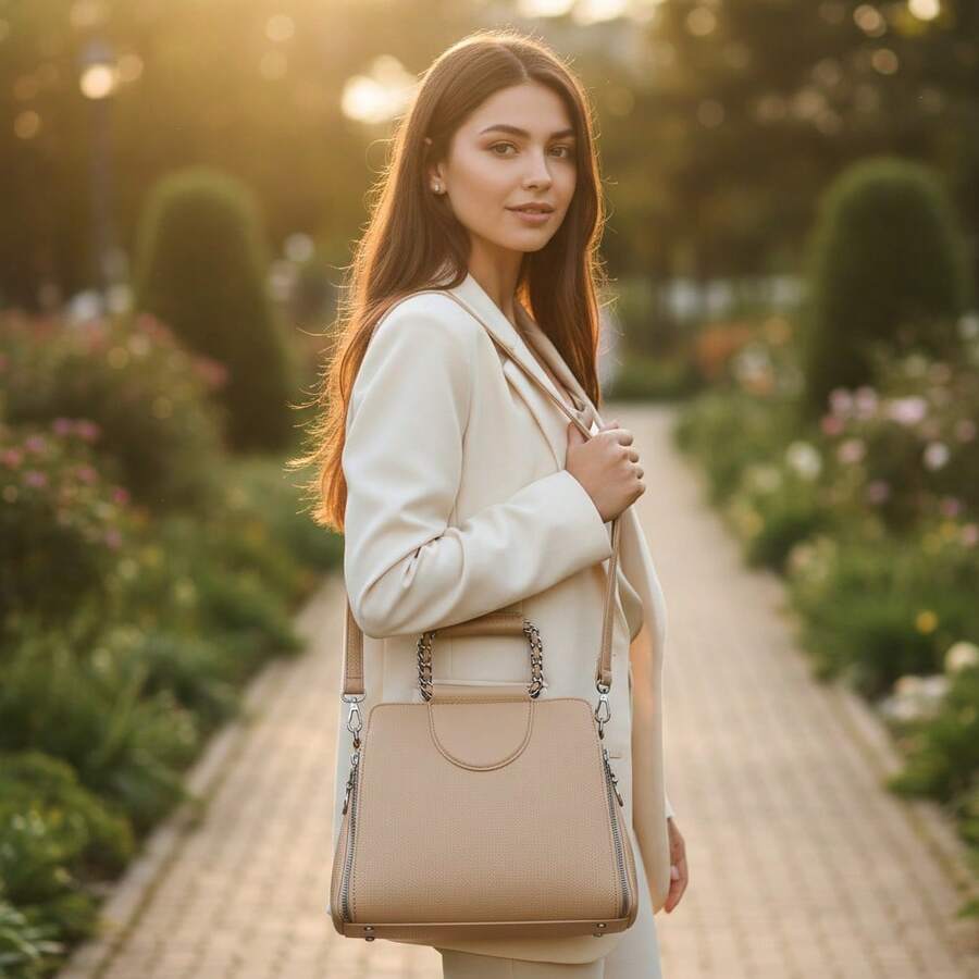 LaytonVivian L015 Classic Edition Women's Bag With Chain Strap And Minimalist Structured Design, Elegant And Sophisticated, In Premium PU Leather, With Zipper Opening, Adjustable Side Handle And Reinforced Hand Strap - Ideal For Work, Outings And Daily Events. - 杏色 - 查看 1