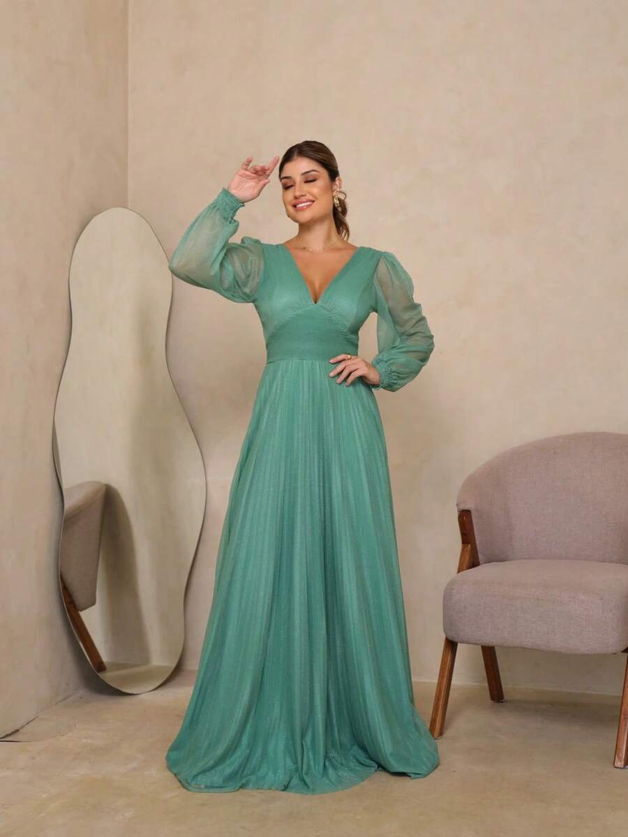 Elegant Women's Long Dress With Long Sleeves And Pleats, Suitable For Bridesmaids, Bridesmaids, Mothers Of The Bride, Groomsmen, Weddings, Graduations, And Evangelical Fashion. - 薄荷綠 - 查看 1