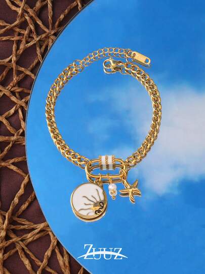 1pc Fashion Stainless Steel Starfish White Sun Charm Bracelet For Women Multiple Pendants Turnbuckle Bracelet Jewelry Gift Suitable For Women Daily Wear