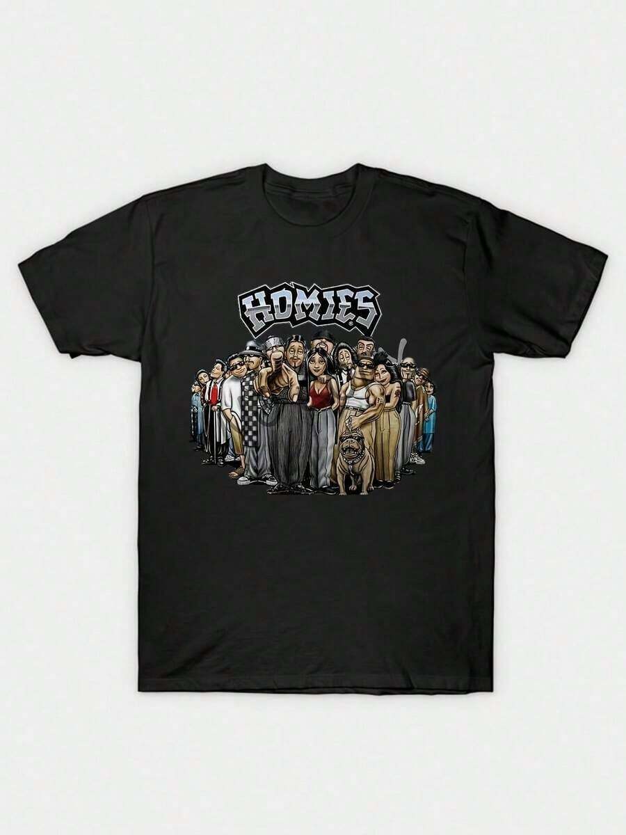 Homies Gangster Cartoon Characters Graphic T-Shirt For Men Men Black Retro Streetwear Tee With Bold Print Regular Fit Round Neck Casual Shirt Machine Washable Fashionable Graphic Print T Shirt Streetstyle Apparel Cartoon Character Design Comfortable Fit Shirt Men Size S-3XL - Black - View 1