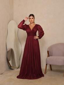 Elegant Women's Long Dress With Long Sleeves And Pleats, Suitable For Bridesmaids, Bridesmaids, Mothers Of The Bride, Groomsmen, Weddings, Graduations, And Evangelical Fashion. - 紅木色 - 查看 1