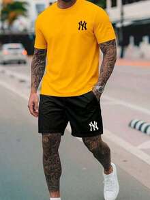 New York City NY 2-Piece Set - Men's 100% Cotton T-Shirt + Lightweight Comfortable Tactel Shorts - Men's Streetwear Fashion - New Arrival - Immediate Shipping - 黃色 - 查看 2
