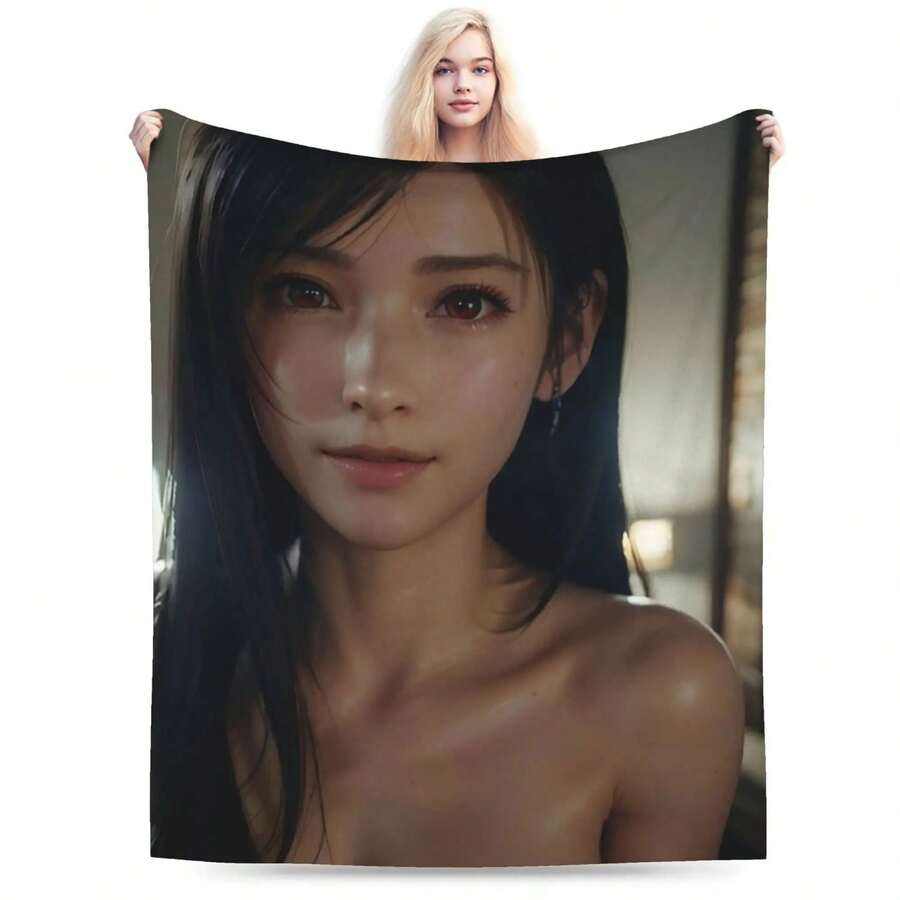 Sexy Tifa Anime Pattern Flannel Printed Blanket Suitable For All Seasons Suitable For Living Room Office Sofa And Travel - 黑色 - 查看 1