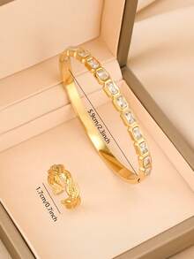 Set de 2 piezas de pulsera y anillo de acero inoxidable de moda, diseño único con diamantes cuadrados pavimentados y diseño retorcido vintage, joyería de nicho lujosa adecuada para boda, cita, fiesta, regalo de novia, commute, vacaciones - Dorado - Ver 2