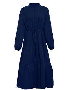 Đầm nữ thanh lịch màu trơn cài nút thắt eo, thích hợp cho các dịp thường ngày, tiệc sinh nhật, dạ hội trang trọng, hẹn hò, tay phồng, vạt áo phối màu, mùa thu/đông/xuân. - Màu xanh lam - Xem 10