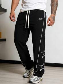 Men's Star Pattern Casual Sports Pants, 4-Season Wear - Black - View 10