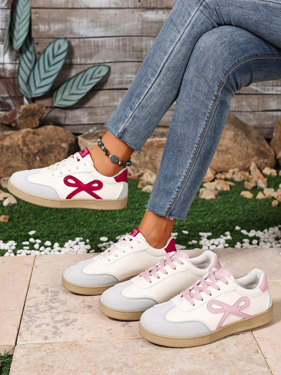 1 Pair Women's Casual Sneakers With Bow Tie, Soft Sole Lace-Up Low-Top Running Shoes, Leisure Sports Shoes - Pink - View 1