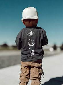 1pc Casual Printed Crew Neck Short Sleeve T-Shirt, Suitable For Boys And Children, Ideal Choice For Summer Students And Toddlers - Starry Universe Wonderful Space, The Ultimate Short Sleeve T-Shirt Series For Every Young Leader! Children's Graphic Tee For Boys - Dark Grey - View 3