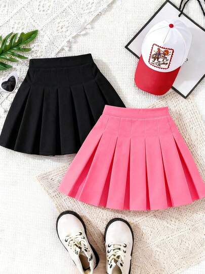 2pcs/Set Girls' Pleated Skirt, Casual Skirt, Spring/Summer Style