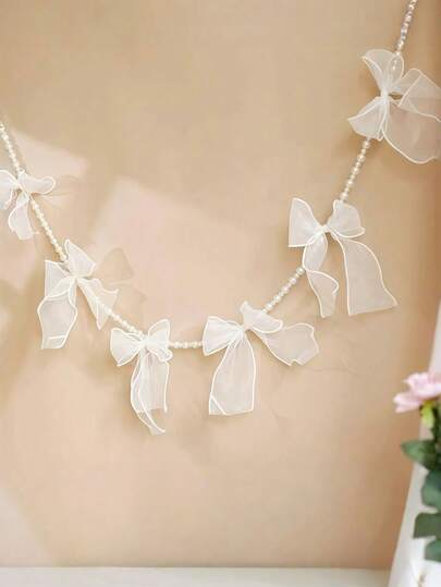 6.5ft Pink Bow Decor Ribbon, Tulle Ribbon With Faux Pearl Strings, Suitable For Wedding Party Decor, Birthday Decor, Cute Style, Pink Home Party Decor