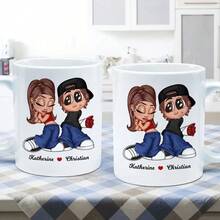 Customized Cartoon Character Couple Mug, Reusable, Unique Couple Gift, Give It To Him, Give It To Her, Personalized Cartoon Image, Both People Can Customize, Customized Name, Suitable For Couples - Multicolor - View 3
