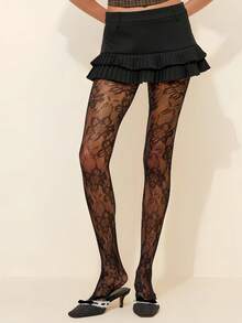 Black Floral Mesh Stockings - Gothic Petal Pattern Sexy And Charming, Suitable For Wearing On Dates And Nights Out - Black - View 9