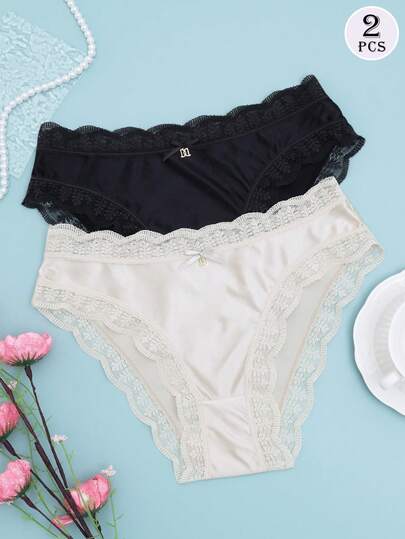 2pcs Satin Lace Trim Hipster Panties, Mid-Waist Solid Color Lace Briefs, Versatile Bow Lace Underwear For Women
