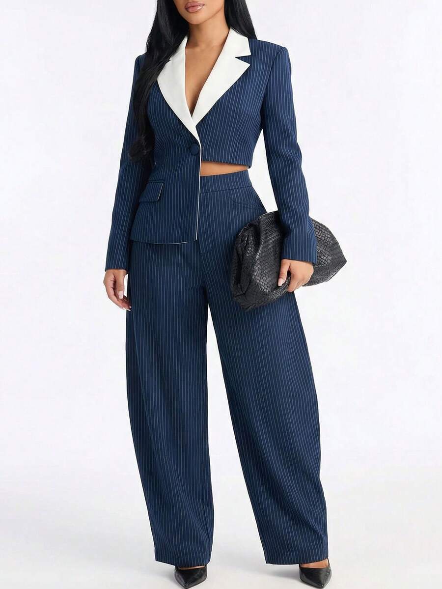 GLOURI Women's Pinstripe Two-Piece Suit - Contrasting White Lapel & Wide-Leg Pants | Chic Sophisticated Style For Formal Events,Asymmetric Design Fashion Gatherings & Evening Outings (Statement-Making Silhouette) For Polished Glam Looks - 藍色 - 查看 1