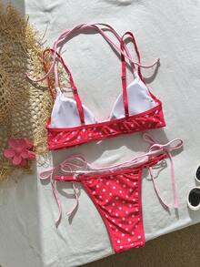 女士复古波点比基尼泳装，性感露背挂脖比基尼套装，浅蓝色棕色波点，不对称A字腰线无袖短款比基尼，适合冬季、外出、生日、休闲、千禧风、西式风格、夜店、海滩度假等夏季穿着。 - 玫紅色 - 查看 4