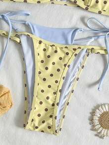 女士复古波点比基尼泳装，性感露背挂脖比基尼套装，浅蓝色棕色波点，不对称A字腰线无袖短款比基尼，适合冬季、外出、生日、休闲、千禧风、西式风格、夜店、海滩夏季度假等场合。 - 淡黃色 - 查看 7