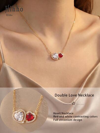 Hihho 单件黄金双心锆石项链，双色全铺镶钻石，奢华浪漫，独特撞色心形，多层设计