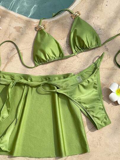 3pcs Women's Fashion Swimsuit Set, Including Triangle Bra Top, Tie Shoulder Strap, Metal Decor Bikini And Solid Color Flowy Sarong Skirt, Suitable For Summer Beach Vacation