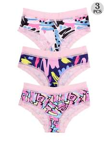 Dircho 3条装性感撞色粉色蕾丝低腰三角裤，全印花舒适丝滑贴身三角裤，女士内衣裤 - 彩色 - 查看 1