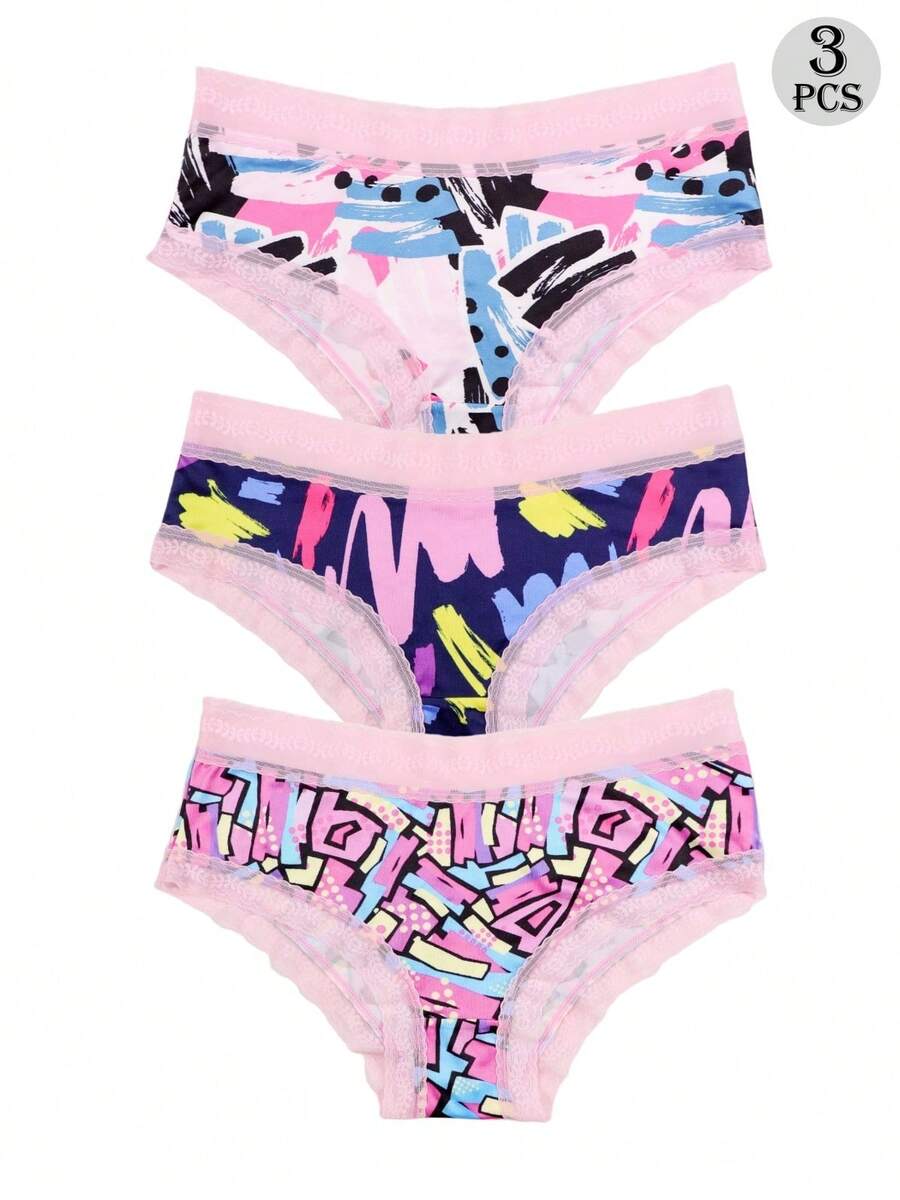 Dircho 3条装性感撞色粉色蕾丝低腰三角裤，全印花舒适丝滑贴身三角裤，女士内衣裤 - 彩色 - 查看 1