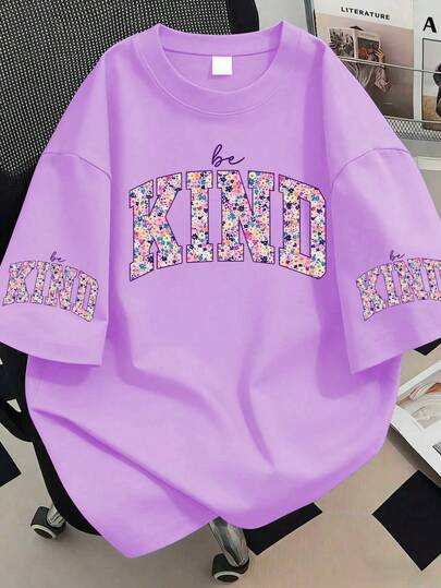 "Be Kind" Floral Print Round Neck Pattern T-Shirt, Plus Size Women's Casual Summer Fashionable Short Sleeves. For Summer Holiday,Valentine's Day, Mother's Day Gift