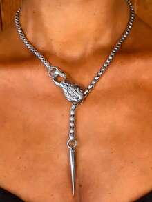 1pc Gothic Style Snake Geometric Pendant Necklace, Metal Silver Chain Necklace, Suitable For Men And Women Daily, Party, Music Festival Wear, Daily Gift - Silver - View 5
