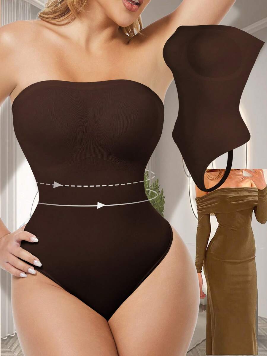 Women's Solid Color Strapless Push-Up Waist And Tummy Control Bodysuit ,Sculpting Body Shaper,Slimming Thong Bodysuit Smooth Shapewear For Women Tube Top Invisible Off-Shoulder Underwear For High Slit Dresses - 棕色 - 查看 1