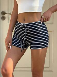 女士系带条纹直筒低腰短裤，适合夏季街头、通勤、休闲和居家穿着 - 藏蓝色 - 查看 8