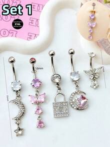 Morlyda 5件套可爱粉色钢制肚脐环,包含蝴蝶、爱心、花朵、十字架、水母、星星吊坠款式,适合日常、派对、度假佩戴,是送给女性和女孩的绝佳圣诞礼物。 - 粉色 - 查看 5