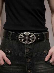 Unisex Vintage Style Belt With Aged Silver Buckle, Engraved, Punk Y2K, Country - 黑色 - 查看 3