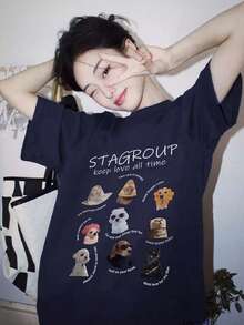 休闲宽松双面卡通动物印花T恤，轻便百搭，适合女性通勤穿着，春夏款 - 藏蓝色 - 查看 4