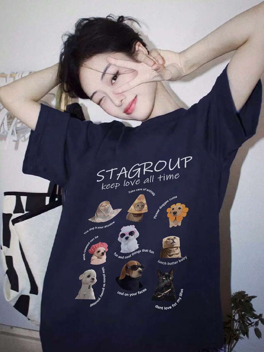 Casual Loose Fit Reversible Cartoon Animal Print Tee, Lightweight Versatile Commuting Wear For Women, Spring/Summer - Navy Blue - View 1