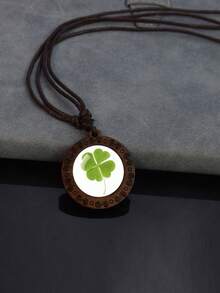 1PC Lucky Clover Pattern Wooden Pendant Necklace, With Dome Glass Inlay And Rope Chain, Suitable For Daily Matching Or Holiday Gifts. - Brown - View 13