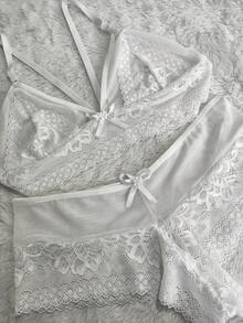 Conjunto Lingerie Tuane Renda Tule Sexy Sensual CJTRT011 - Branco - Visão 3