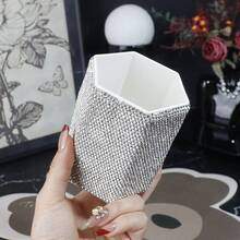 Handmade Rhinestone Ceramic Makeup Brush Holder, Creative Rhinestone Pen Cup Desk Organizer, Luxury Customized Rhinestone Makeup Brush Storage Bucket, Exquisite Hair Styling Tool Organizer - White - View 1