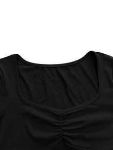 Casual Fashionable Versatile Square Neck Ruffle Front Women T-Shirt, New Spring/Summer, Office Commute,Going Out Tops Women Black - Black - View 9