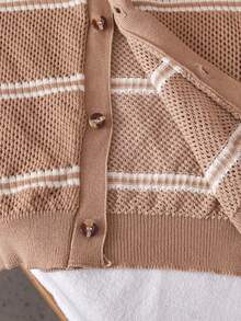 Boys' Casual Striped Hollow Out Collar Short Sleeve Thin Knit Sweater, Suitable For School, Daily Wear In Spring, Summer And Autumn - 卡其色 - 查看 5