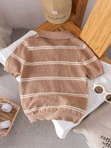 Boys' Casual Striped Hollow Out Collar Short Sleeve Thin Knit Sweater, Suitable For School, Daily Wear In Spring, Summer And Autumn - 卡其色 - 查看 3
