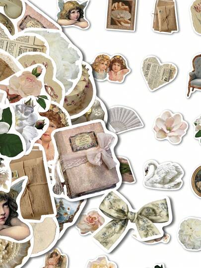 50张复古风手工涂鸦创意PVC贴纸，可用于吉他、水瓶、行李箱等装饰，个性化笔记本电脑贴纸