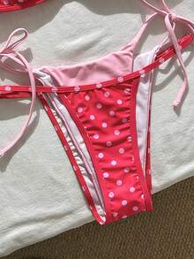 女士复古波点比基尼泳装，性感露背挂脖比基尼套装，浅蓝色棕色波点，不对称A字腰线无袖短款比基尼，适合冬季、外出、生日、休闲、千禧风、西式风格、夜店、海滩度假等夏季穿着。 - 玫紅色 - 查看 7