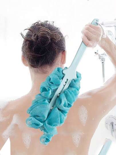 1 pieza Esponja de baño extra grande con estropajo y mango largo - Cepillo corporal suave de malla, correa ergonómica para el hombro y cuerda colgante, alfombrilla de ducha exfoliante sin olor, unisex, sin batería requerida, accesorio de ducha