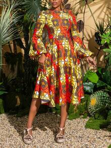 Faeriesty Ethereal Geometric Print Long Sleeve Midi Dress - Elegant Spring/Summer Style, Suitable For Garden Parties, Cultural Events, Vacations, And Transitions From Office To Brunch - Orange - View 10