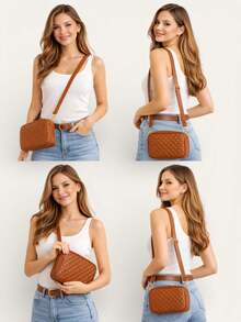 Premium Compact Camera Crossbody Bag With Adjustable Strap - Classic Diamond Caramel - View 6