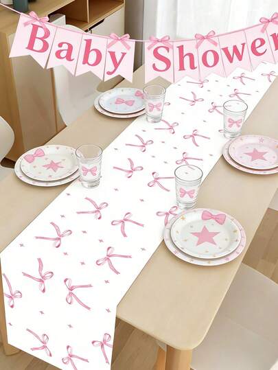 1pc Pink Bow Baby Shower Table Runner,Fantasy Pink Bow Pattern Polyester Waterproof Table Runner, Perfect Decoration For 1st Birthday Gender Reveal Party Home Event Decoration Table Cloth, Durable&Reusable Table Runner,Baby Shower Decoration,Gender Reveal Decoration,Baby Shower Gift, Dining Table Cabinet Bar Gift Table Decoration Table Cover,Outdoor Camping Picnic Table Runner, Easy To Clean Tablecloth