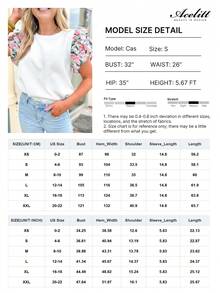 Acelitt Women's White Round Neck Fitted Ruffle Colorful Floral Cuff Short Sleeve T-Shirt, Elegant And Stylish For Summer Casual - White - View 4