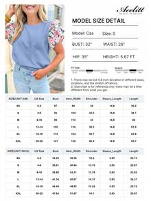 Acelitt Women's Blue Round Neck Fitted Ruffle Floral Cuff Short Sleeve T-Shirt, Fashionable And Stylish For Summer Casual - Blue - View 4